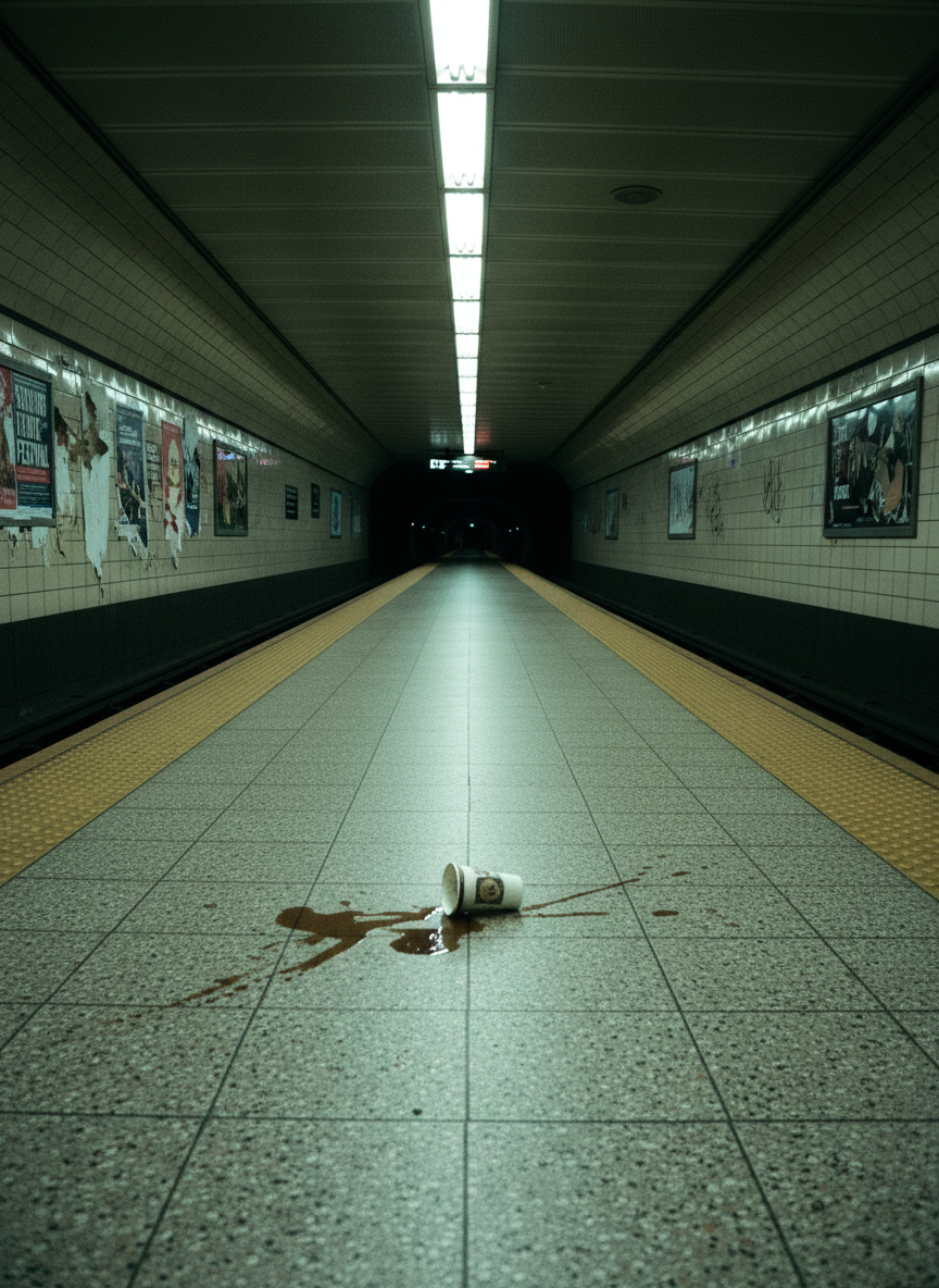 A lonely, fluorescent-lit TTC subway platform at St. Andrew station, photographed late at night, with a single discarded paper coffee cup tipped over near the yellow safety strip, its brown stain seeping into the cold, speckled tiles. The walls are lined with dated beige tiles and scratched advertisement panels featuring torn, curling posters for past festivals. Overhead, harsh fluorescent tubes buzz faintly, casting washed-out, greenish light that exaggerates every crack and stain. Shot on analog film with a wide-angle lens from a low perspective along the platform edge, the rails stretch into a dark tunnel, drawing the eye into uncertainty. The composition is symmetrical yet unsettling, capturing the sterile, liminal loneliness of Toronto’s underbelly, equal parts familiar comfort and quiet despair.
