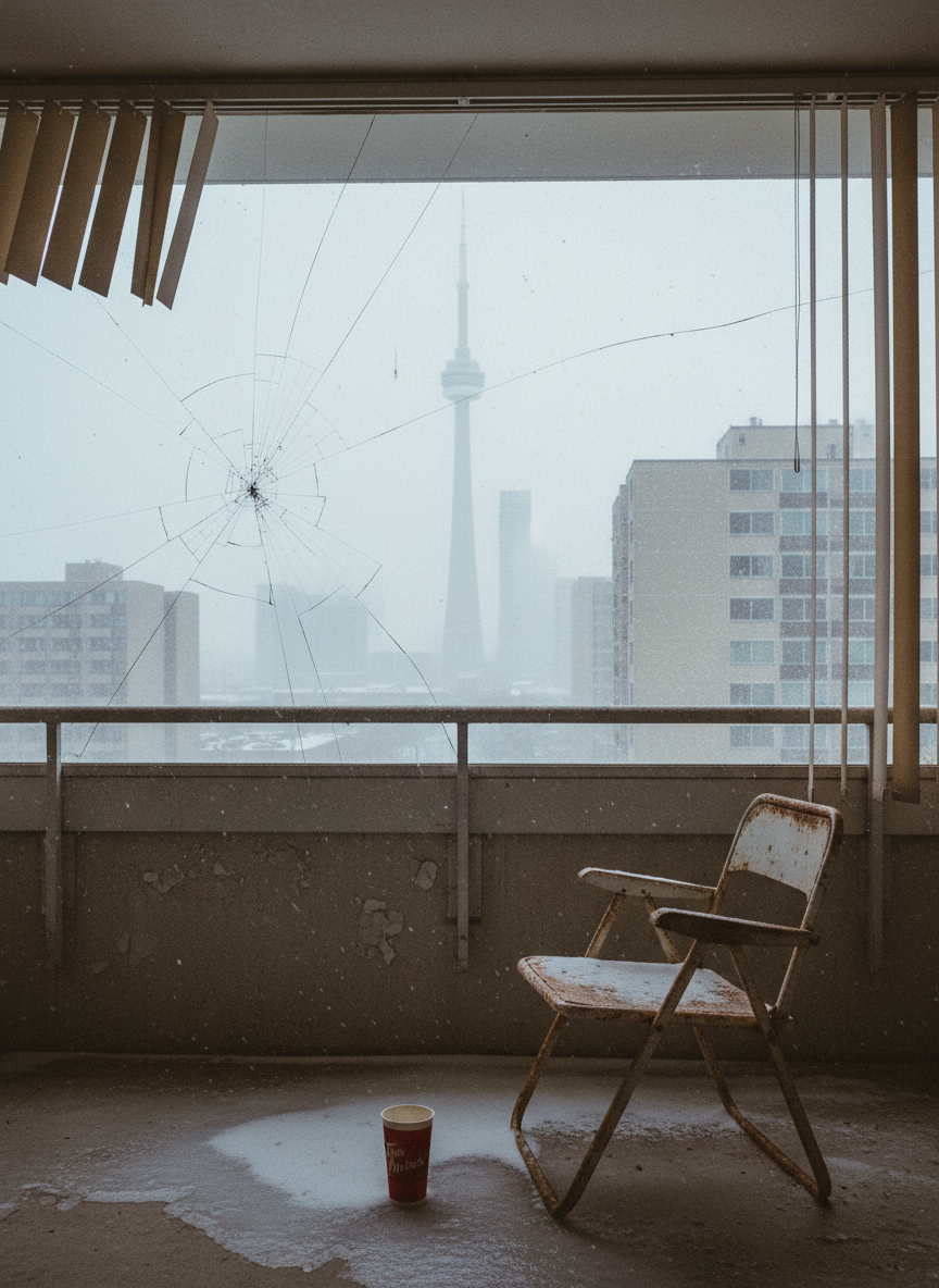 A snow-dusted view of the CN Tower seen through a cracked, grimy high-rise balcony window in a 1970s apartment block, the city’s skyline softened by blowing lake-effect flurries. The interior foreground shows a chipped concrete balcony ledge with a forgotten rusted folding chair and a stained Tim Hortons cup half-frozen into a thin layer of ice. Dirty vertical blinds hang partially open, casting jagged shadows across the window frame. The pale winter daylight is flat and overcast, giving the scene a desaturated, analog-film look with soft edges and pronounced grain. Shot from slightly inside the dim apartment looking out, the composition layers interior decay against iconic city pride, creating a conflicted, moody portrait of Toronto as simultaneously majestic and quietly falling apart.