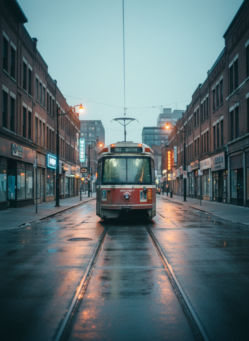 A weathered Toronto streetcar, painted in faded red and white, sits motionless in the middle of an empty Queen Street intersection, its metal sides streaked with winter grime and old advertising ghosts barely visible beneath peeling vinyl. Surrounding it, low-rise brick storefronts with flickering neon signs and papered-over windows stretch into the distance. The scene is captured at blue hour, with sodium-vapor streetlights casting sickly yellow pools on slushy asphalt, reflecting warped streetcar lights. Shot at eye level on grainy analog film, with a slightly soft focus and muted color palette, the composition uses the streetcar centered in the frame while the deserted city recedes into a moody, nostalgic blur, equal parts love letter and eulogy to Toronto’s streets.
