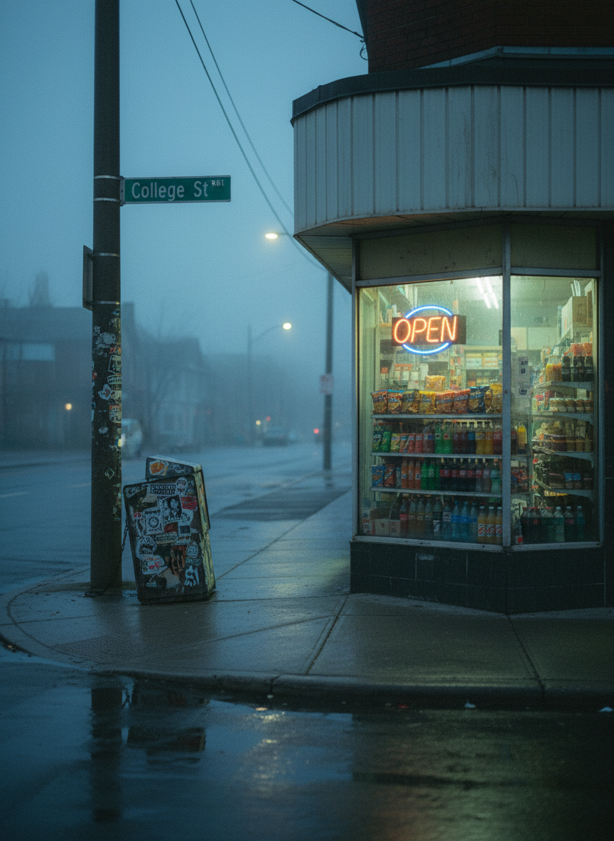 An old corner convenience store at dusk near College Street, its sun-faded "OPEN" sign flickering uncertainly in the foggy window, shelves inside crowded with dusty chip bags, glass bottles of neon sodas, and forgotten local candy bars. Outside, a crooked metal newspaper box stands chained to a leaning pole covered in band stickers from defunct Toronto bands. The wet sidewalk reflects the store’s sickly fluorescent interior glow, mixing with the cool, dim blue of an overcast evening. Captured in analog-film style with high grain and slightly underexposed shadows, the shot is framed from across the street at a slight angle, using the rule of thirds to position the storefront off-center, evoking the melancholy charm of a vanishing neighborhood relic, both comforting and eerily frozen in time.
