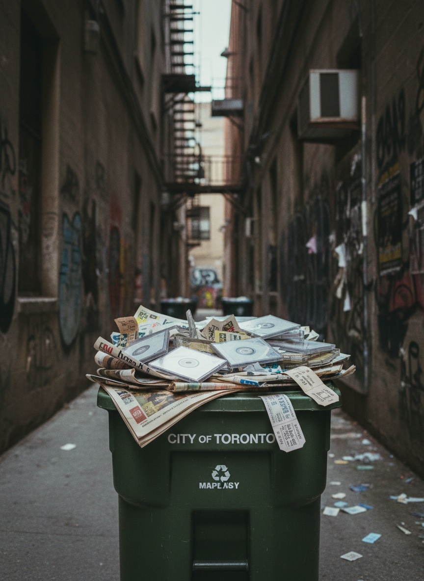 A battered green City of Toronto recycling bin, overflowing with old NOW Magazine issues, cracked jewel case CDs, and faded Maple Leafs ticket stubs, sits abandoned in a narrow, shadowy back alley off Bloor Street. The concrete walls on either side are stained with years of graffiti tags, half-scraped posters for long-closed indie venues, and rusted fire escapes climbing upwards into darkness. Dim, overcast late-afternoon light filters weakly from the alley’s far end, barely illuminating the paper textures and plastic sheen. Captured in analog-film style with visible grain and subdued colors, the recycling bin is framed in the lower third, with a shallow depth of field making the cluttered memories sharp against a blurred, claustrophobic city backdrop, evoking bittersweet nostalgia and quiet urban decay.
